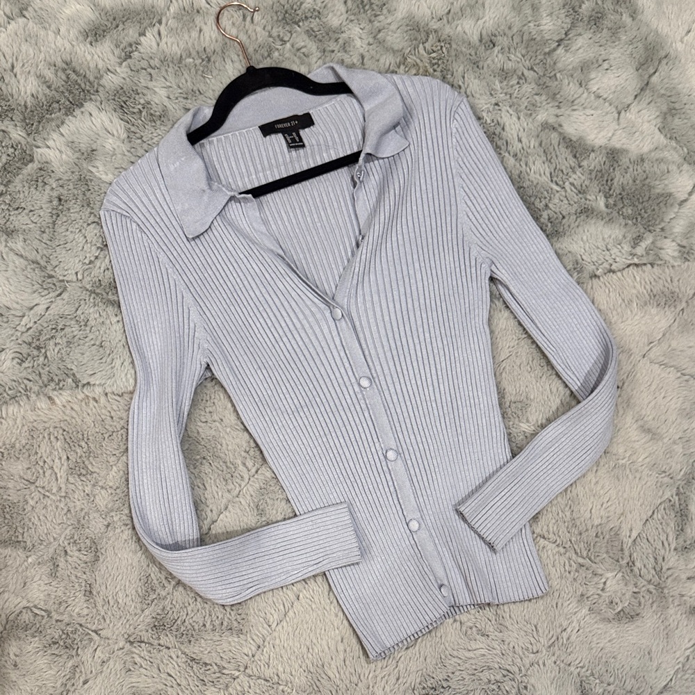 Elegant Gray Blue Ribbed Button-Up Top